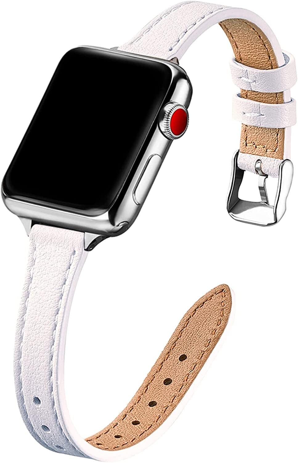 STIROLL Slim Leather Bands Compatible with Apple Watch Band 38Mm 40Mm 41Mm 42Mm 44Mm 45Mm 49Mm, Top Grain Leather Watch Thin Wristband for Iwatch Ultra SE Series 8/7/6/5/4/3/2/1  STIROLL White with Silver 42mm/44mm/45mm/49mm 