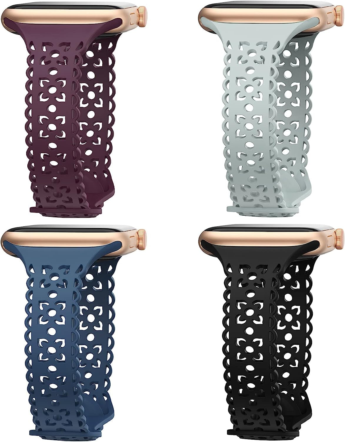 4 Pack Lace Silicone Band Compatible with Apple Watch Bands 40Mm 44Mm 41Mm 45Mm 38Mm 42Mm Women,Thin Slim Hollow-Out Sport Strap Replacement Wristbands for Iwatch Series Ultra 8 7 6 5 4 3 2 1 SE  HEARTBOOM Black/Succulent/Navy Blue/Elderberry 42mm/44mm/45mm/49mm 