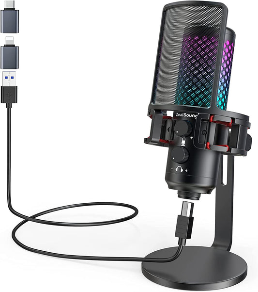 Zealsound Gaming USB Microphone for Iphone Phone PC, All Metal Microphones with Quick Mute, RGB Indicator, Pop Filter, Shock Mount, Gain Control for Computer Streaming Discord Twitch Podcasts Videos  ZealSound   