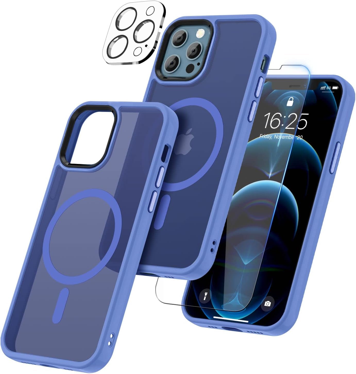 BOTOER [5 in 1 for Iphone 12 Case/Iphone 12 Pro Case,With 2 Pack Screen Protector + 2 Pack Camera Lens Protector, Ultra Thin Scratch Resistant Drop Mag-Safe Phone Case for Iphone 12/12 Pro,Blue A  BOTOER   
