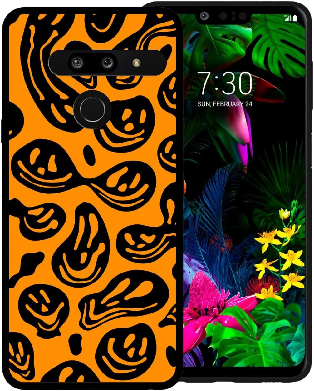 Zaztify Phone Case for LG G8 Thinq, Pastel Pink White Funny Trippy Dripping Smile Melted Hippie Smiling Skull Ghost Face Shockproof Protective Cover Shell  zaztify Orange-Black Trippy Face  