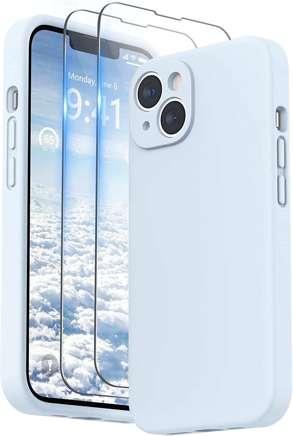 SURPHY Compatible with Iphone 14 Case with Screen Protector (Camera Protection + Soft Microfiber Lining) Liquid Silicone Phone Case 6.1 Inch 2022, Black  SURPHY Cloud Blue  