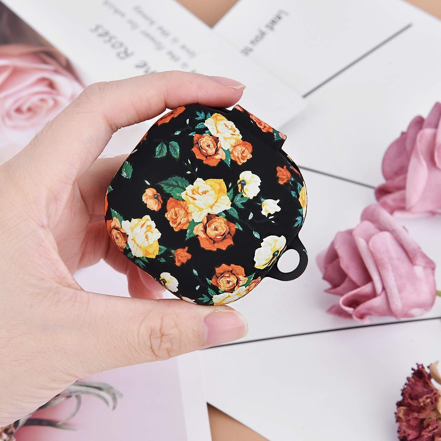 AIRSPO Floral Print Silicone Case Compatible with Samsung Galaxy Buds 2 Case (2021) / Galaxy Buds Pro Case (2021) / Galaxy Buds Live Case (2020) (Black Rose)  AIRSPO   