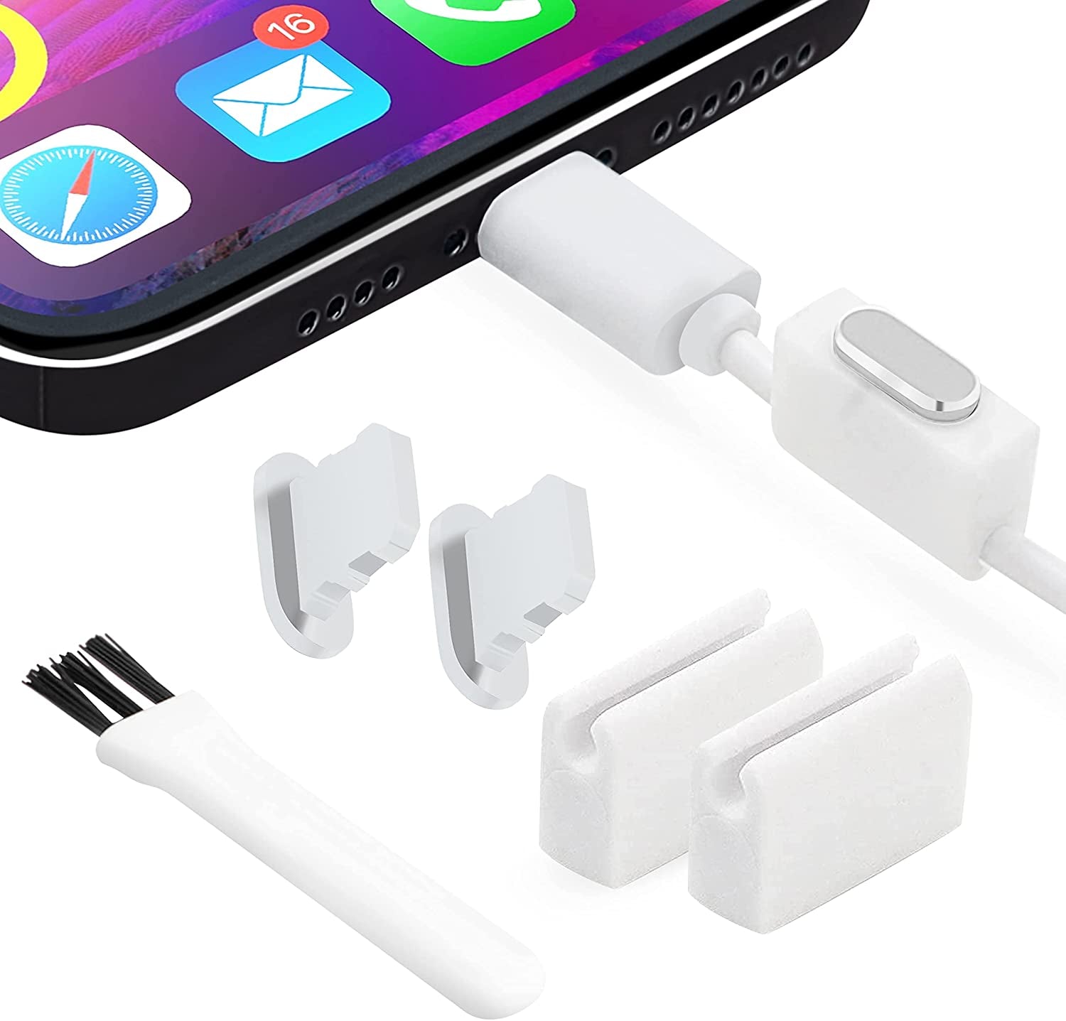 Portplugs Anti-Dust Plugs (2-Pack) Compatible with Iphone 14/13/12/11/X/XS/8/7, Plus/Max/Pro/Mini, Ipad - Aluminum, Includes 2 Holders & Cleaning Brush (Black)  PortPlugs Silver Gray  