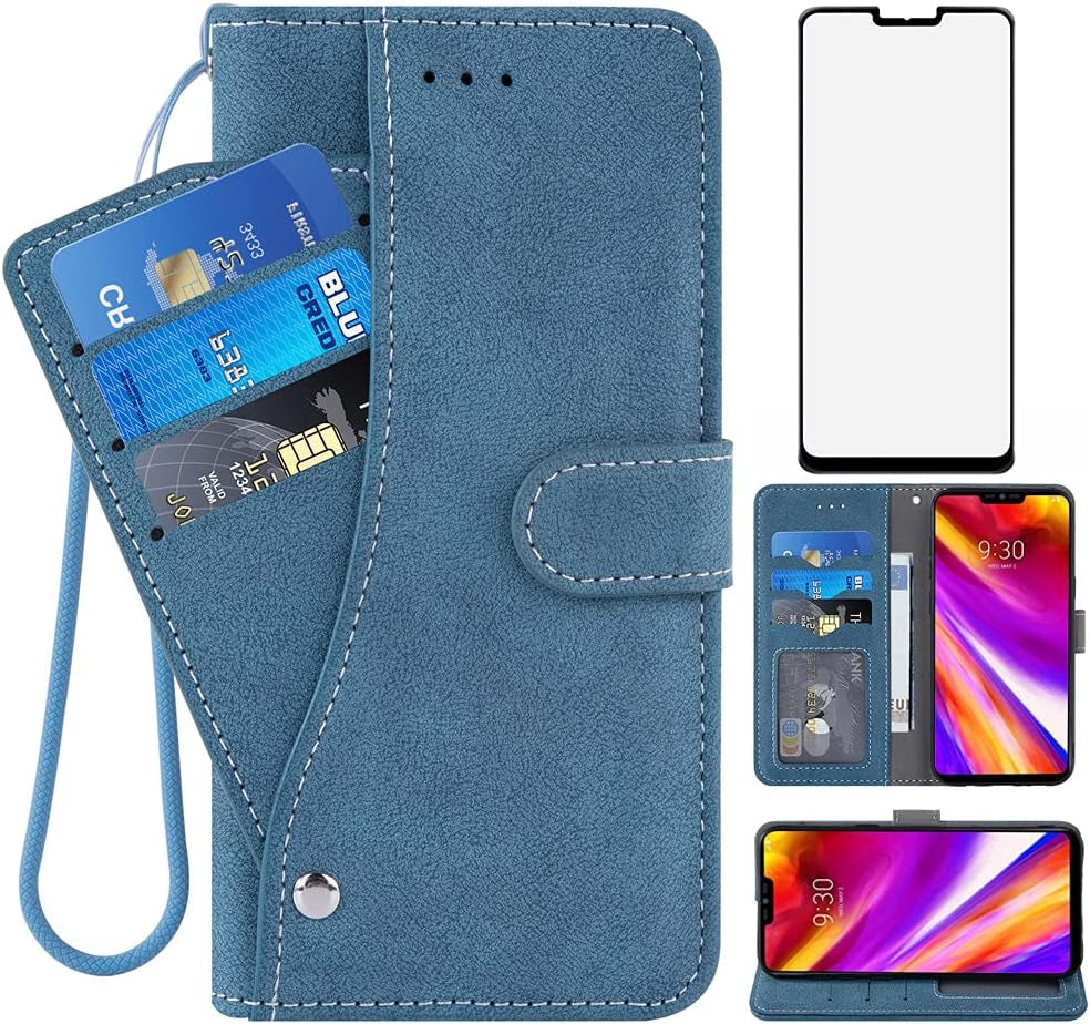 Compatible with LG G7 Thinq Wallet Case and Tempered Glass Screen Protector Flip Cover Credit Card Holder Cell Phone Cases for LGG7 One G 7 plus LG7 Fit Lg7Thinq 7G Thin Q G7+ G7Thinq Lgg7Thinq Blue  NSS   
