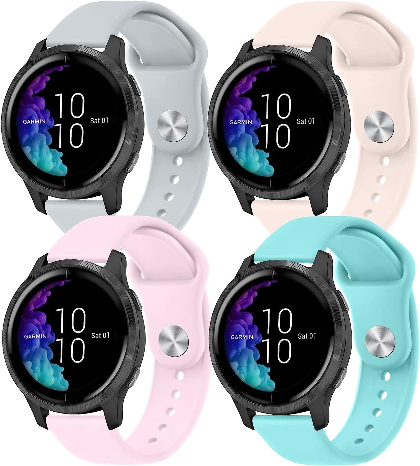 4 PACK Bands for Garmin Venu / Venu Sq / Vivoactive 3 Watch Band, 20Mm Adjustable Soft Silicone Sport Replacement Wristband Strap for Garmin Venu Sq, Vivoactive 3 Music, Forerunner 645 / 245 Music, Samsung Galaxy Watch 4  Wanme Gray+PinkSand+Pink+LightBlue  