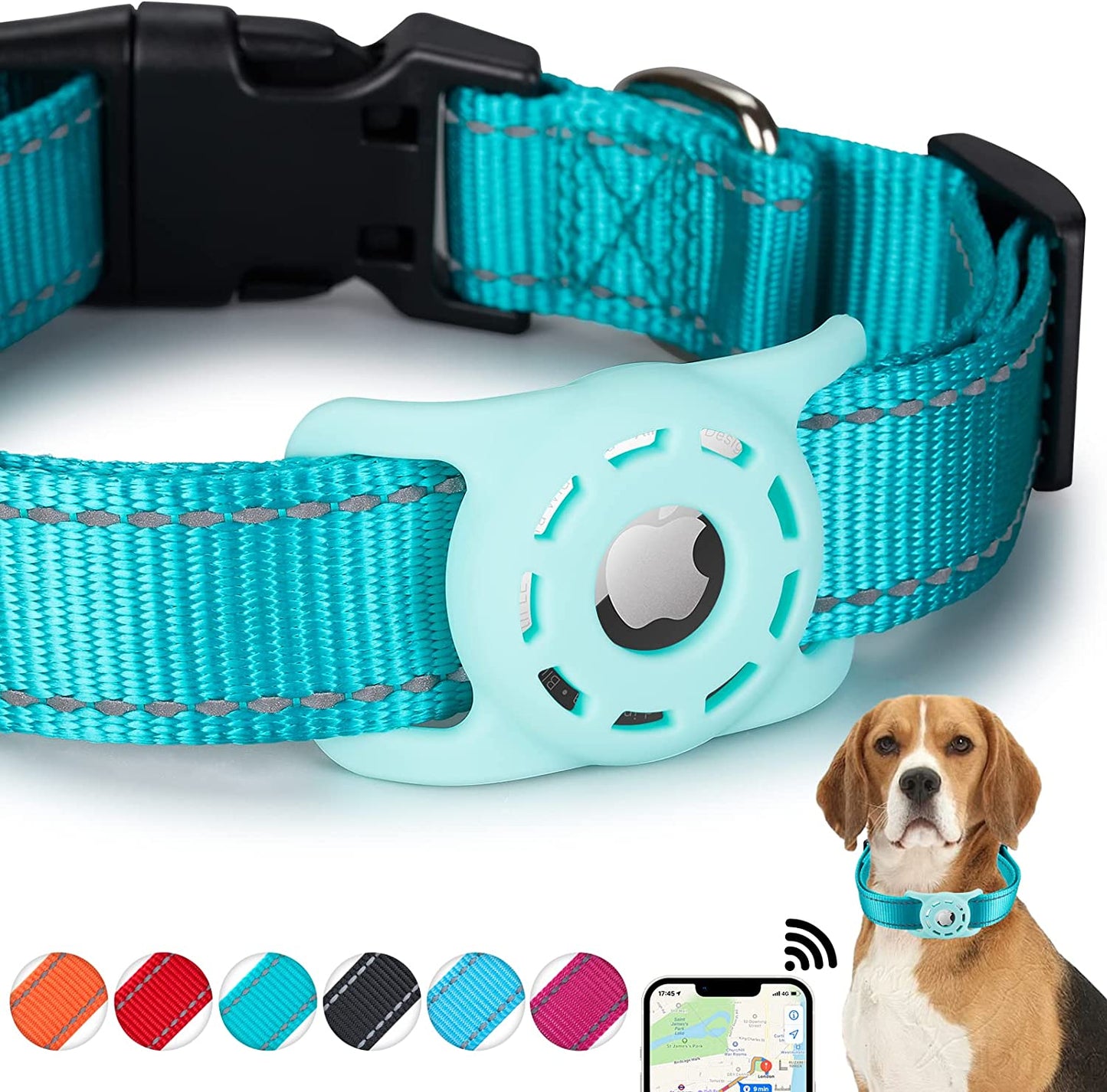 KONITY Reflective Airtag Dog Collar, Compatible with Apple Airtag, Nylon Pet Cat Puppy Collar with Silicone Airtag Holder for Small, Medium, Large, and Extra Large Dogs  Konity TEAL XS: 8"-12" neck 