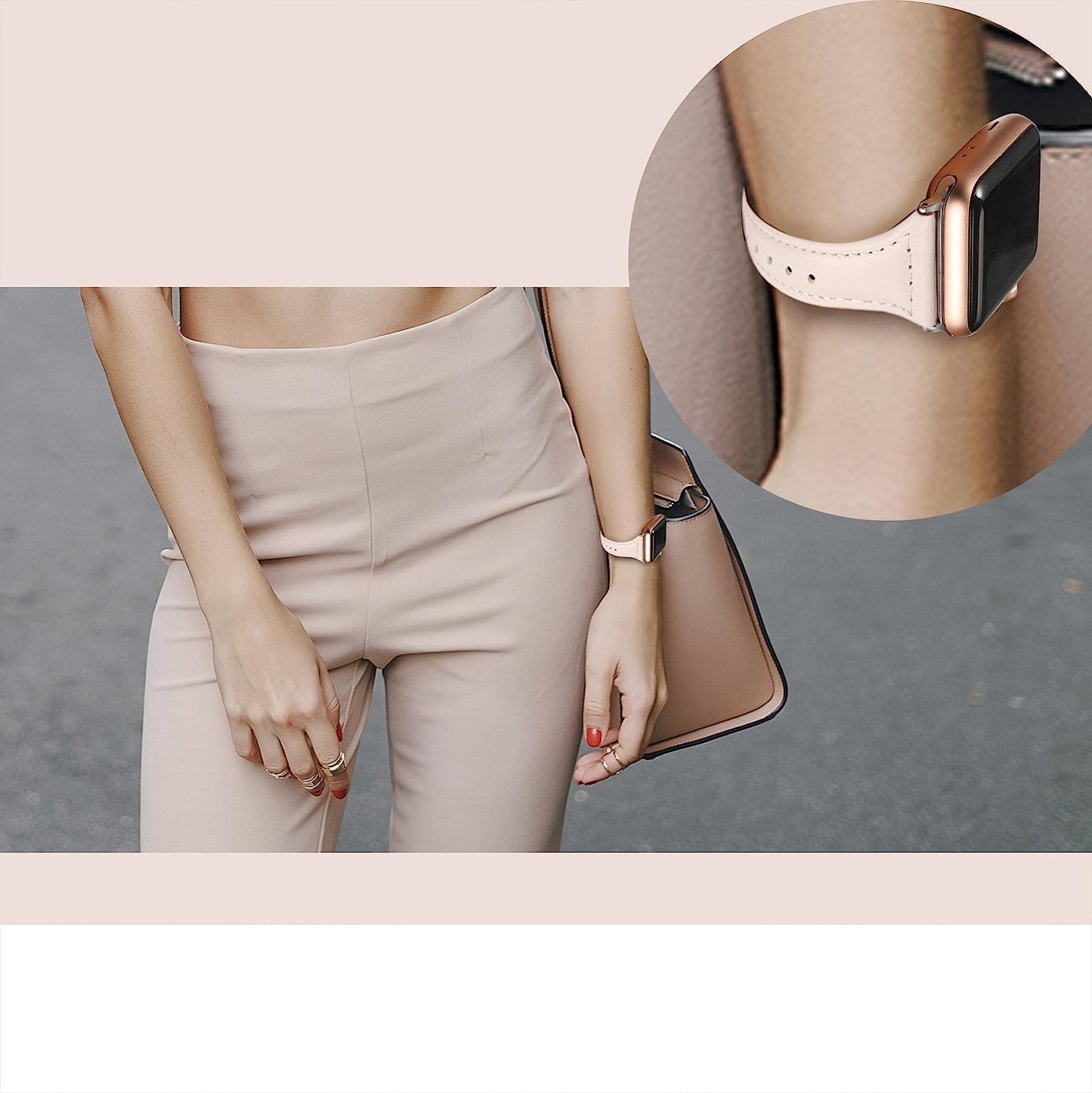 Secbolt Leather Bands Compatible Apple Watch Band 38Mm 40Mm 41Mm 42Mm 44Mm 45Mm Slim Replacement Wristband Sport Strap for Iwatch SE Series 8 7 6 5 4 3 2 1 Stainless Steel Buckle  Secbolt   