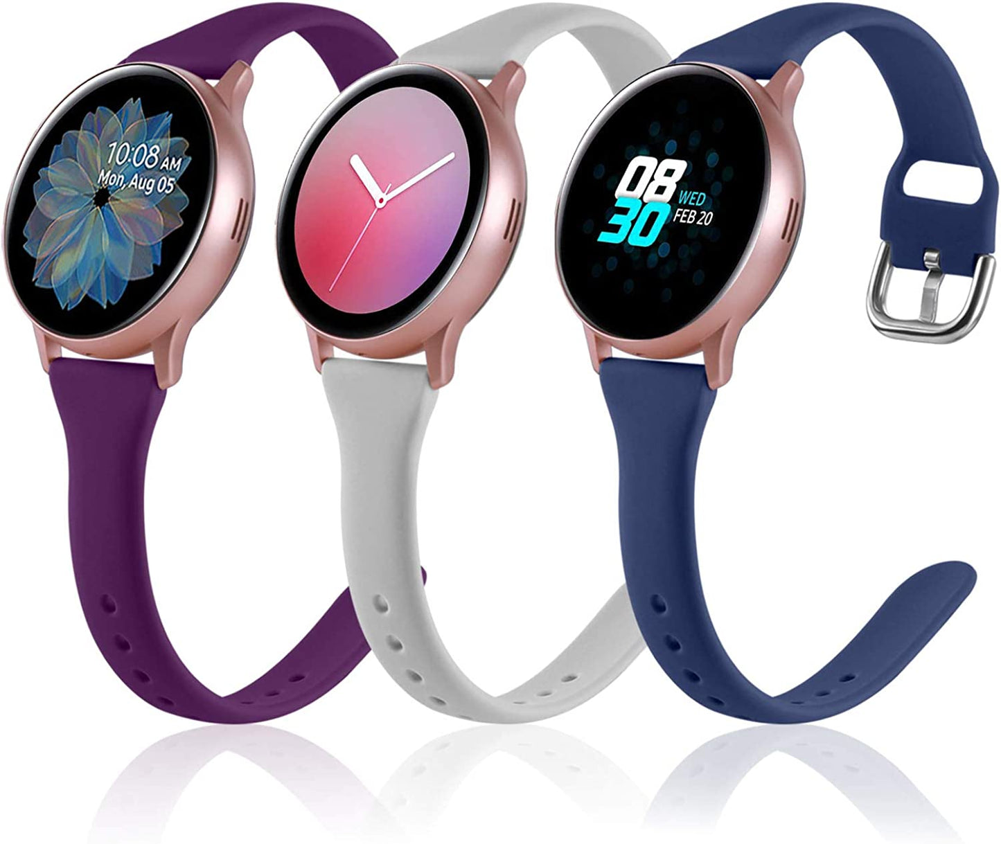 Vcegari (3 Pack) Band Compatible with Samsung Active 2 Watch 40Mm 44Mm, Galaxy Watch 3 41Mm/Galaxy Watch 42Mm/Gear S2 Classic/Gear Sport Bands, 20Mm Slim Silicone Sport Strap for Women Men  Vcegari Gray/Navy Blue/Plum Small 