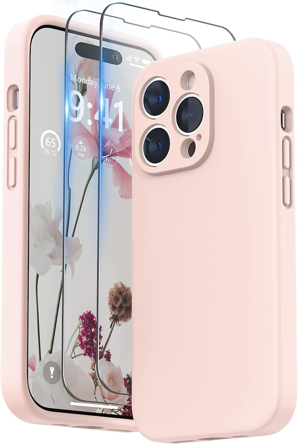 SURPHY Designed for Iphone 14 Pro Case with Screen Protector, (Camera Protection + Soft Microfiber Lining) Liquid Silicone Phone Case, Cactus Green  SURPHY Chalk Pink  