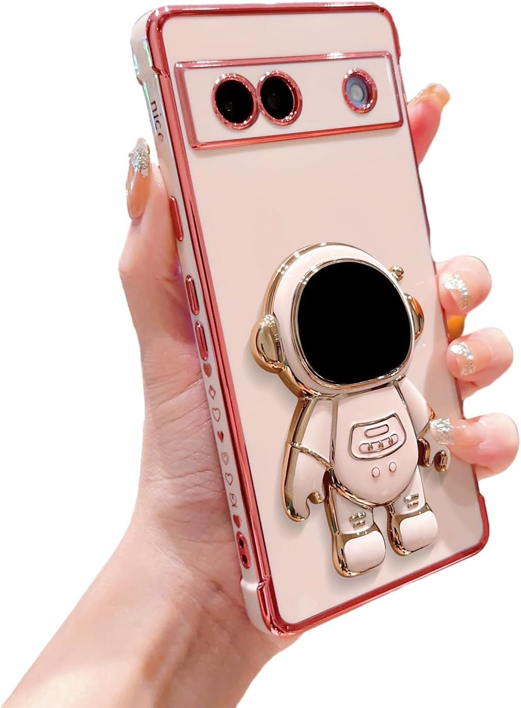 Phylla Phone Case for Google Pixel 7A 6.1” 5G,Luxury Plating Astronaut Stand Holder Phone Case with Cute Love Heart Side Small Pattern Soft Silicone Shockproof Kickstand Cover Bumper (White)  phylla Pink  