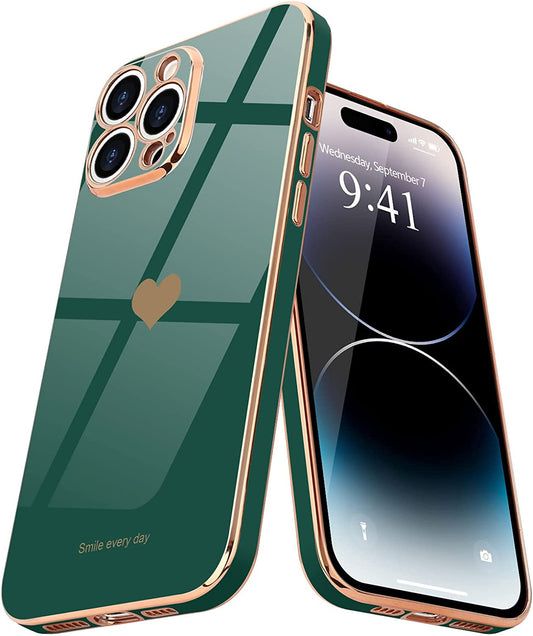 Teageo Iphone 14 Pro Case - Luxury Love Heart Design, Bling Back Cover, Camera Protection, Shockproof, Blackish Green  janzee   