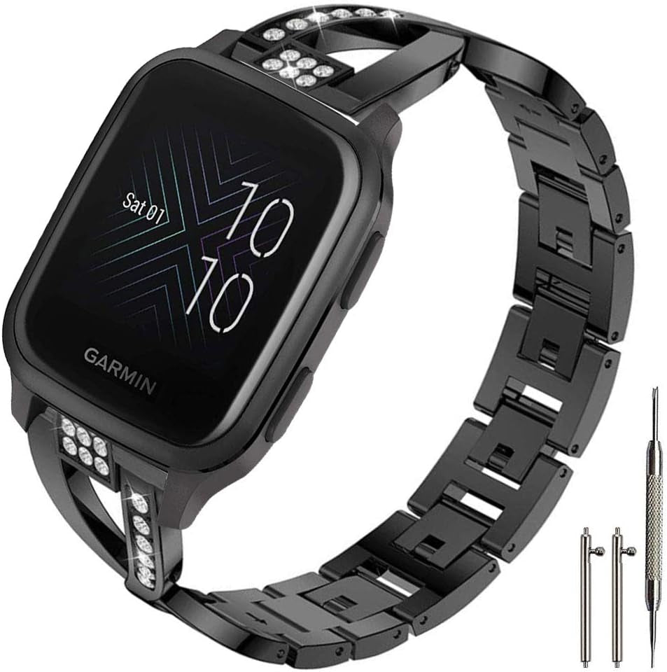 Sankel Compatible for Garmin Venu Sq 2 Music Band,Women 20Mm Metal Replacement Wristband Bracelet Strap for Garmin Venu/Venu Sq/Venu Sq 2 Music,Vivomove Hr,Vivoactive 3,Garmin Move Luxe/Style (Silver)  Sankel Black  