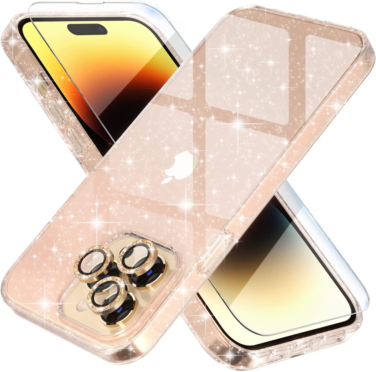 Choiche Compatible for Iphone 14 Case Cute, Women Clear Glitter Bling Sparkly Case, [2 X Diamond Camera Lens Protectors] [2 X Tempered Glass Screen Protectors] 6.1-Inch (Glitter Clear)  Choiche Glitter Gold iPhone 14 Pro Max 