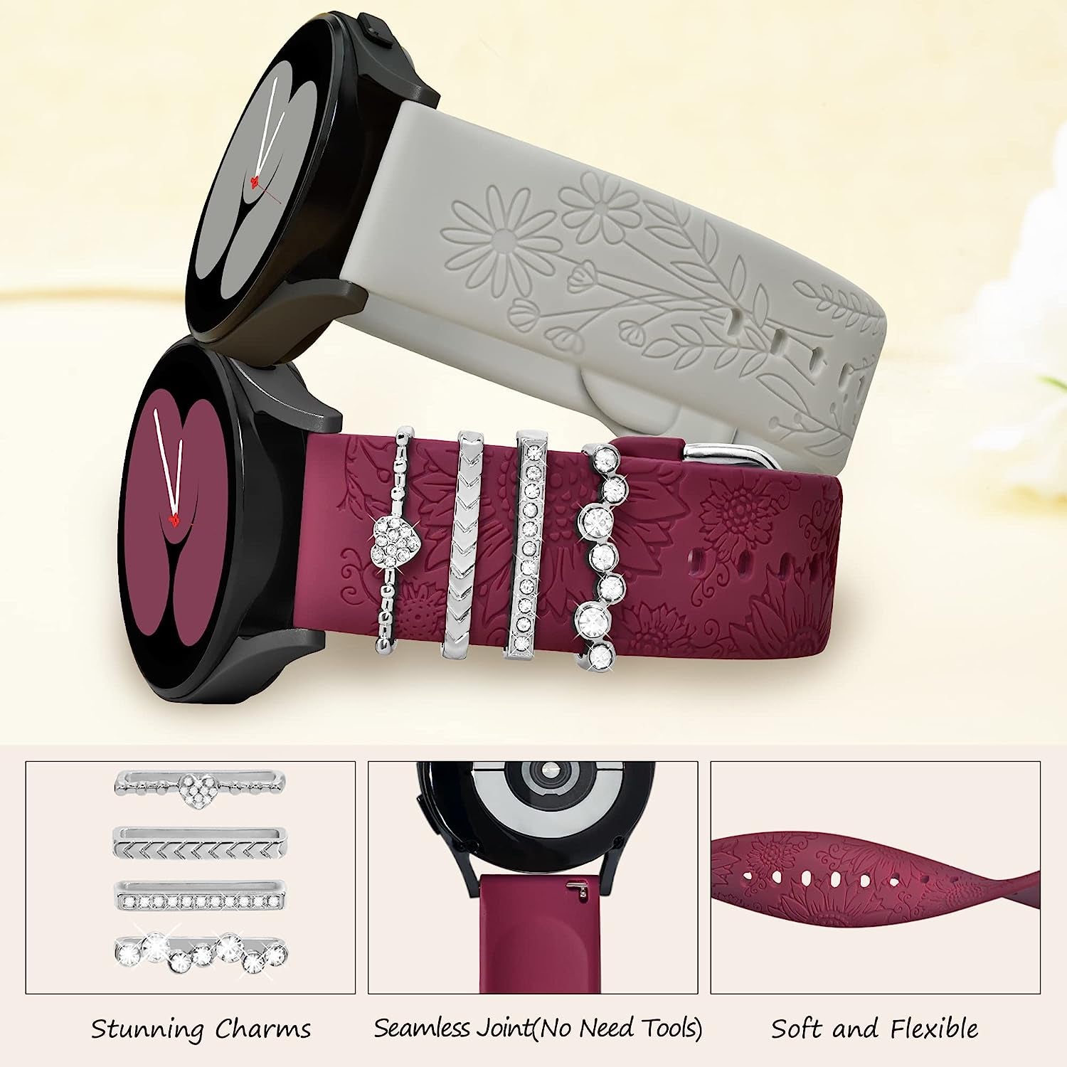 6 Pack Bands for Samsung Galaxy Watch 5 & 4 Band with 4 Charms, YOPICKERN 20Mm Women Floral Engraved Silicone Strap with Decorative Rings Loops for Active 2/Watch 5 Pro/Watch 4 Classic 46Mm 42Mm/Watch 3 41Mm  YOPICKERN   