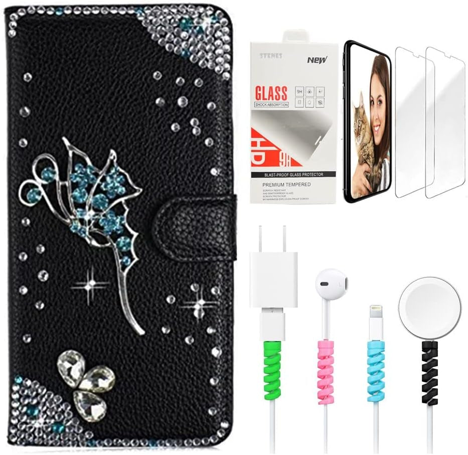 STENES Bling Wallet Phone Case Compatible with LG G7 Thinq - Stylish - 3D Handmade Crown Heart Design Leather Cover with Screen Protector & Cable Protector - Black  STENES Fairy / Black Design For Moto G Stylus 