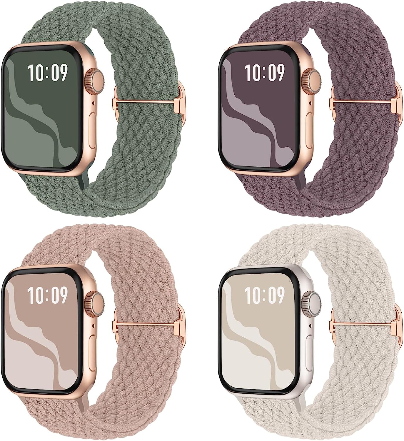 Braided Stretchy Solo Loop Compatible for Apple Watch Band 38Mm 40Mm 41Mm 42Mm 44Mm 45Mm 49Mm for Women Men, Nylon Elastic Straps Wristbands for Iwatch Series 8 7 6 SE 5 4 3 2 1 Ultra, 4Packs  Suitisbest Starlight/Nude Pink/Smoke Violet/Cactus 38/40/41mm 