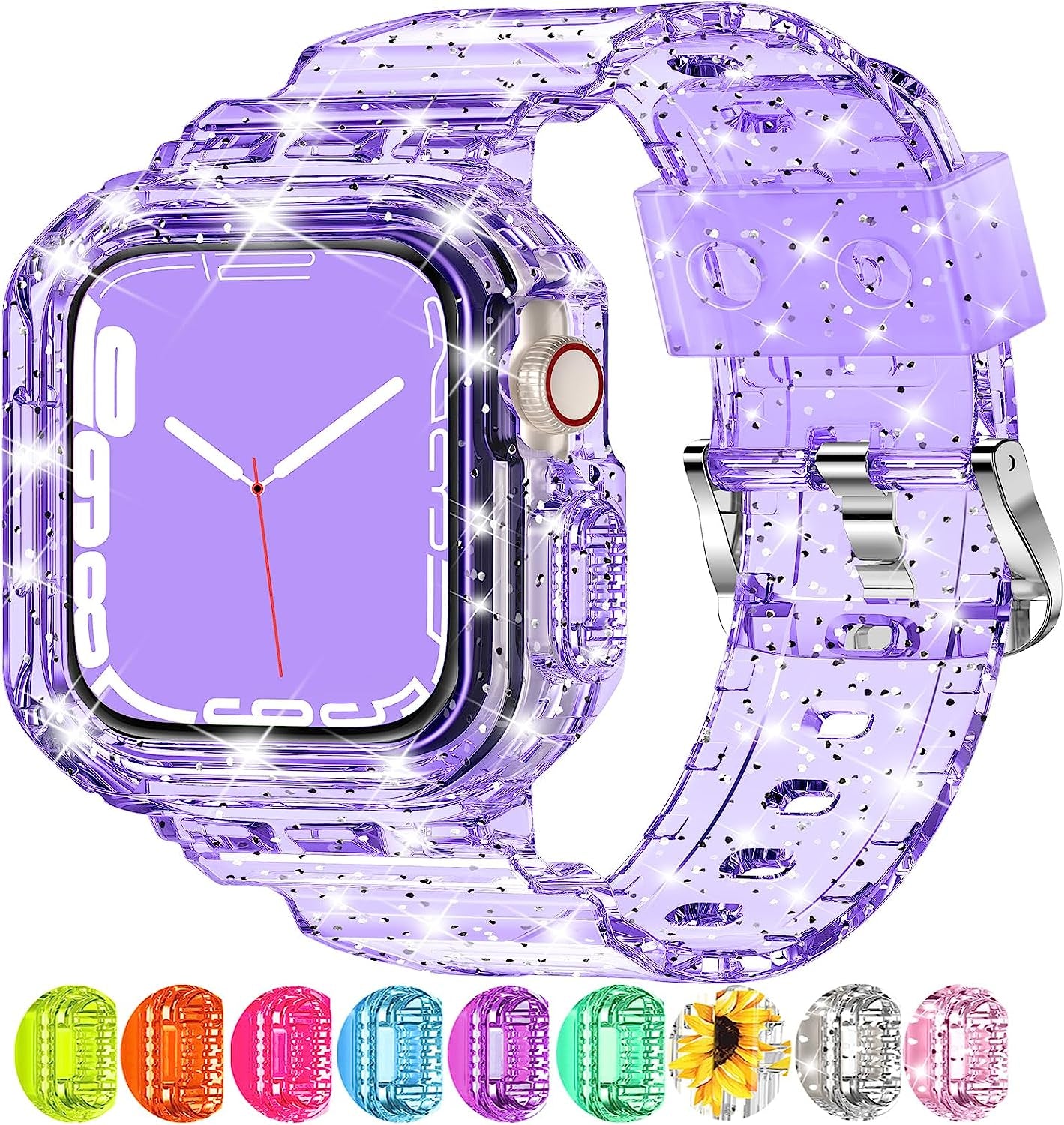 XYF Compatible for Crystal Clear Apple Watch Bands, 45Mm 44Mm 42Mm 41Mm 40Mm 38Mm 49Mm with Bumper Case for Men Women Jelly Sport Case and Band for Iwatch Ultra Series 8 7 SE/6 5 4 3 2 1  XYF Glitterpurple 38/40/41mm 