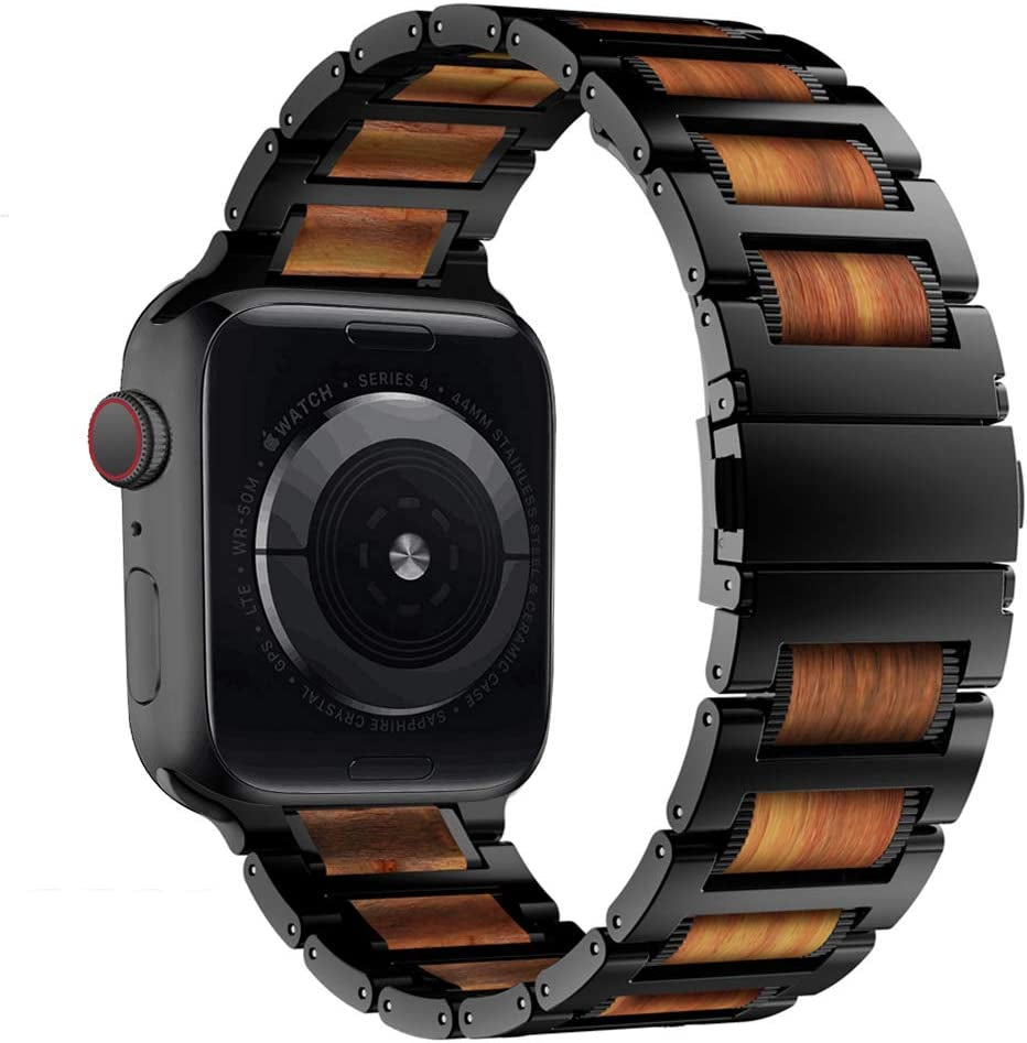 Iiteeology Compatible with Apple Watch Band 49Mm 45Mm 44Mm 42Mm, Natural Wooden Stainless Steel Link Bracelet Strap for Apple Watch Ultra & SE Series 8 7 6 Series 5 4 3 2 1 - Black  iitee   