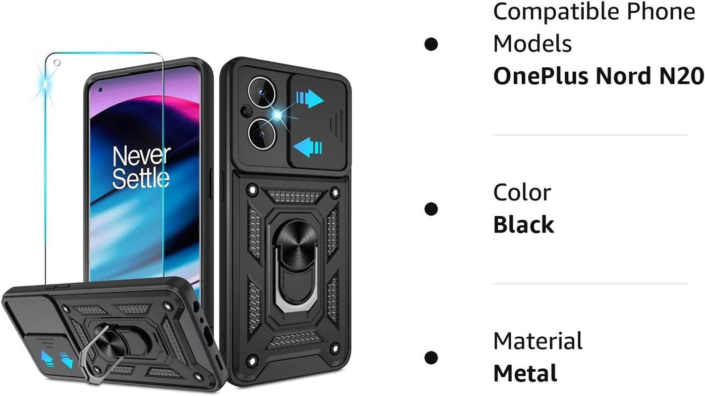 For Oneplus Nord N20 5G Case with HD Screen Protector, Heavy Duty Shockproof Protective Case with Metal Kickstand [Military Grade] Protective Case for Oneplus Nord N20 5G, Black  Atump   