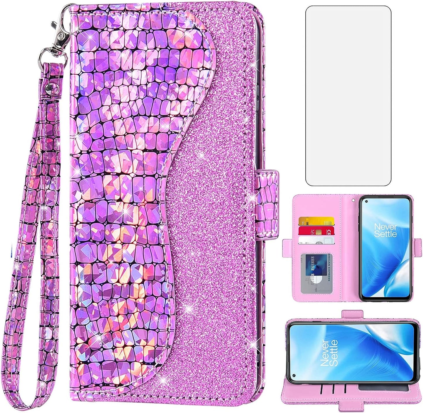 Asuwish Phone Case for Oneplus Nord N200 5G Wallet Cover with Screen Protector and Flip Card Holder Bling Glitter Stand Cell One plus N 200 G5 1 plus 200N 1Plus One+ 1+ N2005G 2021 Women Girls Pink  Asuwish   