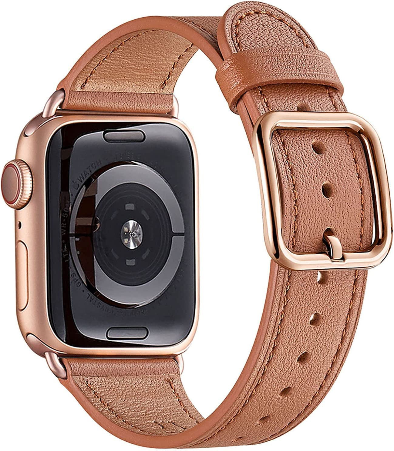 MNBVCXZ Compatible with Apple Watch Band 38Mm 40Mm 41Mm 42Mm 44Mm 45Mm 49Mm Women Men Girls Boys Genuine Leather Replacement Strap for Iwatch Series 8 7 6 5 4 3 2 1 Iwatch Ultra SE (Pink Sand/Rose Gold)  MNBVCXZ-US Brown/Rose gold 42mm 44mm 45mm 49mm 