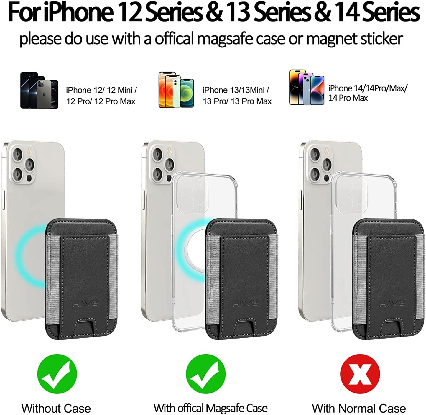 Magnetic Card Wallet Holder for Apple Magsafe, Magnetic Card Holder Magsafe for Iphone 12 Iphone 13/14 Magsafe Wallet, Mag-Safe Leather Wallet for Back of Iphone 14/13/ 12 Series, Fit 6 Cards, Black  HiWe   