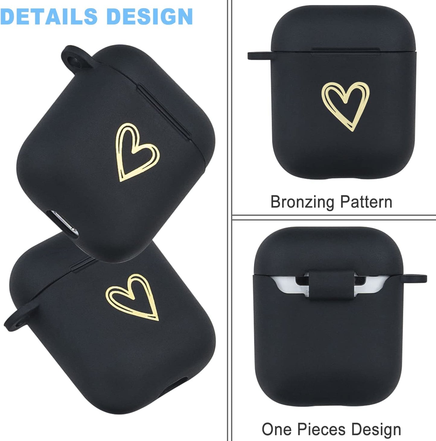 Wonjury Airpods Case Soft TPU Gold Heart Pattern Cute with Keychain Shockproof Cover Case for Girls Woman Apple Airpods 2 &1 - Black+Pink  Wonjury   