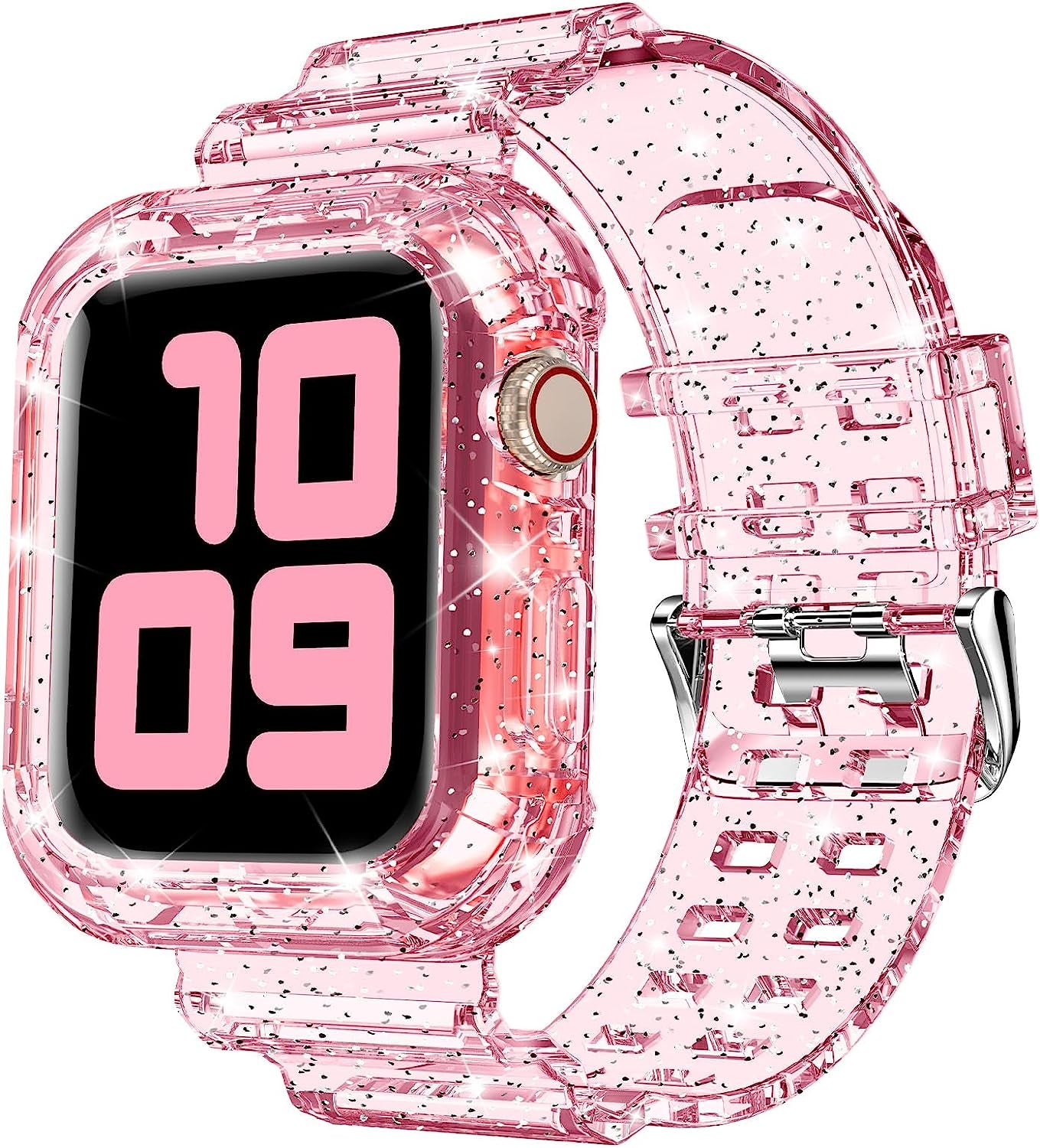 DABAOZA Compatible for Clear Apple Watch Band 38Mm 40Mm 41Mm 42Mm 44Mm 45Mm with Case, Women Girl Glitter Clear Bling Crystal Sport Strap and Bumper for Iwatch Band Ultra SE Series 8/7/6/5/4/3/2/1  DABAOZA Glitter Clear Pink 45mm/44mm/42mm 