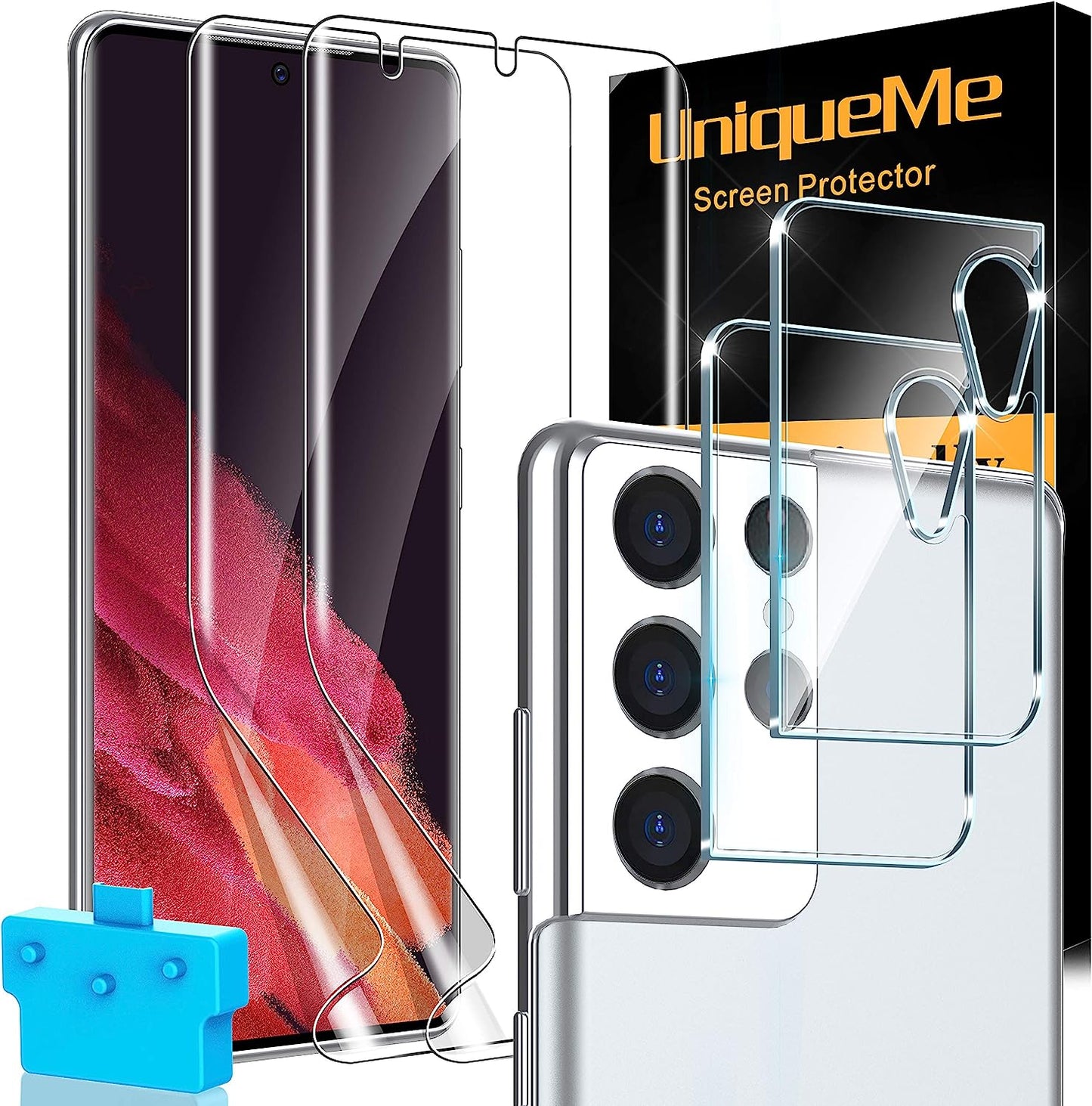 Uniqueme for Samsung Galaxy S21 Ultra Screen Protector, 2 Pack 5G 6.8- Inch Flexible TPU Screen Cover and 2 Pack Camera Lens Protector [Support Fingerprint Unlock][Bubble Free] [Installation Tool]  UniqueMe   