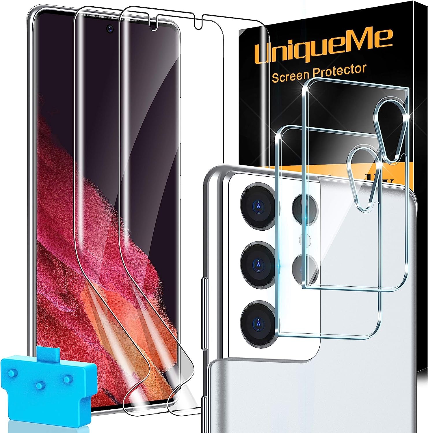 Uniqueme for Samsung Galaxy S21 Ultra Screen Protector, 2 Pack 5G 6.8- Inch Flexible TPU Screen Cover and 2 Pack Camera Lens Protector [Support Fingerprint Unlock][Bubble Free] [Installation Tool]  UniqueMe   