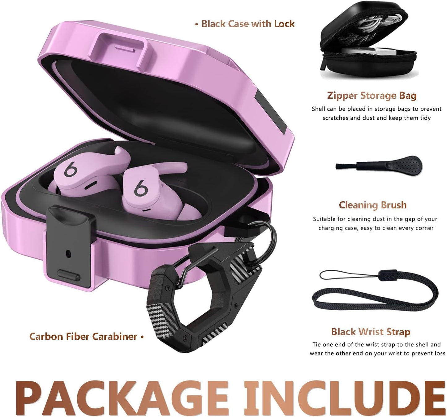 Secure Lock Case for Beats Fit Pro 2021, Carbon Fiber Texture Beats Fit Pro Earbuds Case Cover with Anti-Lost Keychain/Storage Box/Cleaning Brush/Wrist Strap (Pinkish Purple)  Mooyavia   