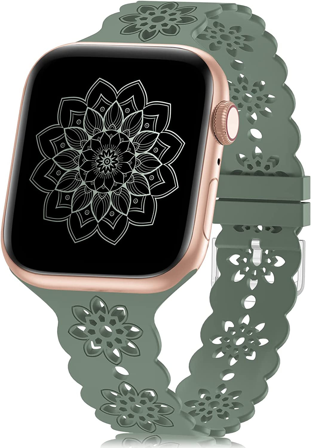 Floral Silicone Band Compatible with Apple Watch Bands 38Mm 40Mm 42Mm 44Mm 41Mm 45Mm 49Mm Women Men, Slim Hollow-Out Design Wristbands Soft Sport Breathable Watch Bands for Iwatch Ultra SE Series 8/7/6/5/4/3/2/1  Wewatri Green 38mm/40mm/41mm 