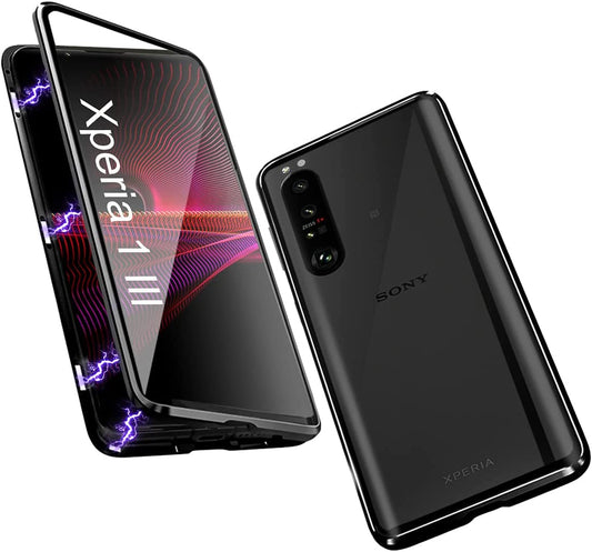 Compatible Sony Xperia 1 III Case Clear,Magnetic Slim Metal Frame Double-Sided Transparent Tempered Glass Case with Screen Lens Protect,Black  QUIETIP   