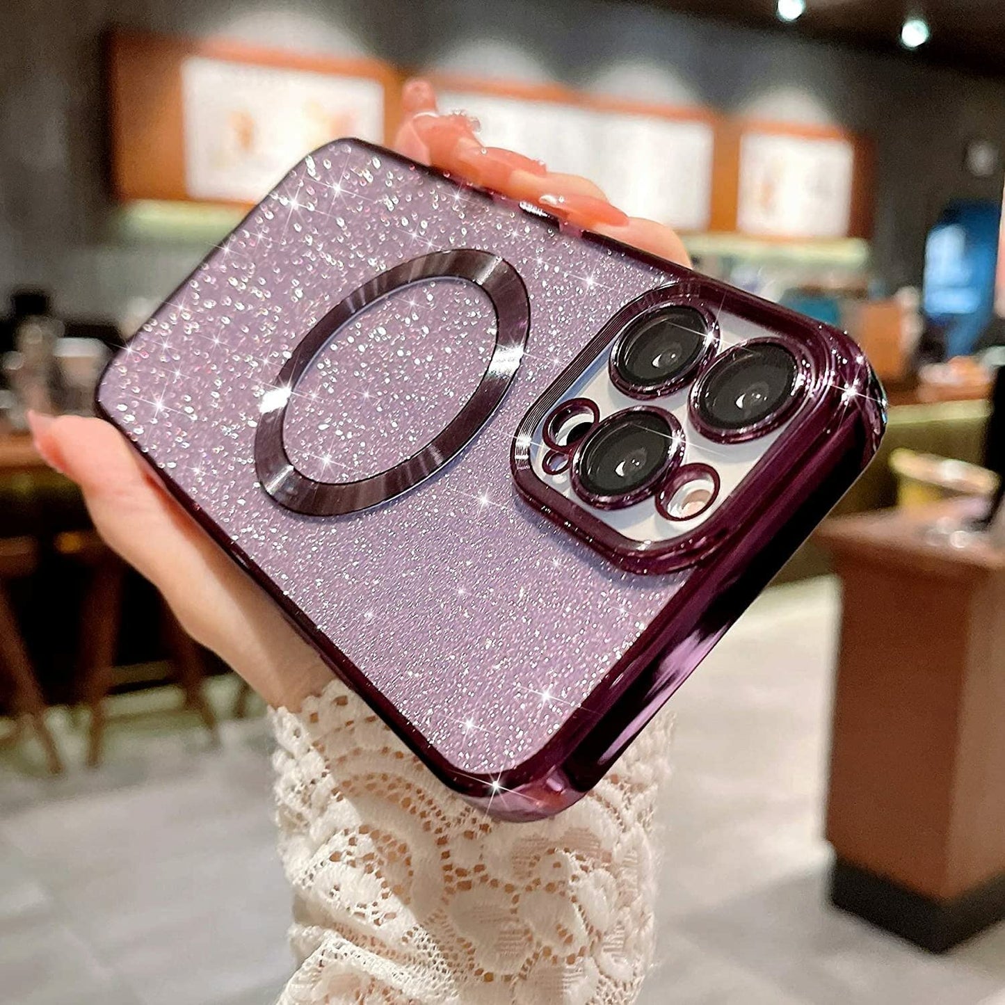 Aowner Magnetic Case for Iphone 14 Pro Glitter Case, Luxury Plating Cute Bling with Camera Lens Protector, Compatible with Magsafe, Slim Thin for Women Girls Protective Clear Phone Case, Purple  aowner   