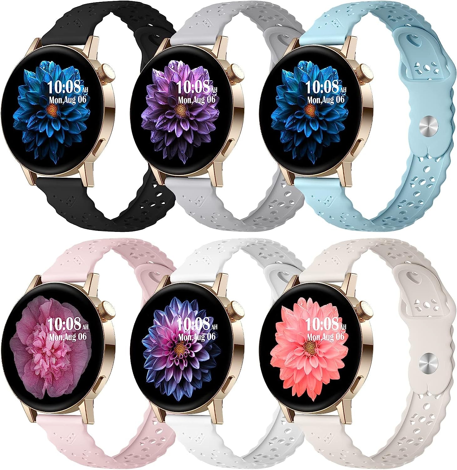 6 Pack Bands Compatible with Samsung Galaxy Watch 5 Band 40Mm 44Mm/5 Pro 45Mm, Galaxy Watch 4 Band 40Mm 44Mm/Watch 4 Classic/Galaxy Watch 3 41Mm, 20Mm Slim Sport Lace Silicone Wristband for Women  AIZHINENG A-Black/ Pink/Starlight/White/Turquoise/Grey  