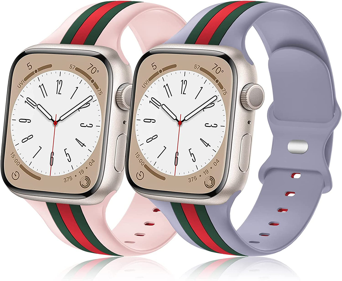 [2 Pack] Designer Bands Compatible with Apple Watch Band 38Mm 40Mm 41Mm 42Mm 44Mm 45Mm 49Mm Men Women, Soft Silicone Sport Band Replacement Strap for Apple Watch Ultra Iwatch Series 8 7 SE 6 5 4 3 2 1  Seizehe Pink/Army Green/Red - Lavender Grey/Army Green/Red 38mm/40mm/41mm 
