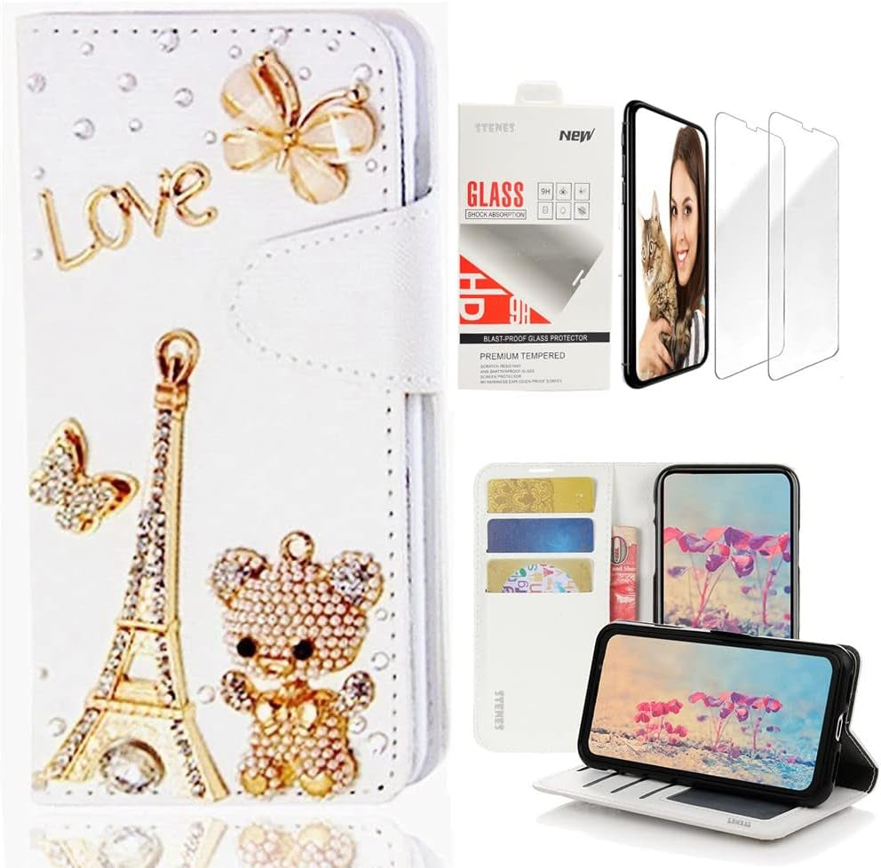 STENES Bling Wallet Case Compatible with LG G7 Thinq - Stylish - 3D Handmade Flowers Design Leather Case with Wrist Strap & Screen Protector [2 Pack] - Pink  STENES Eiffel Tower Bear Butterfly / Gold Design For Lg Aristo 2 