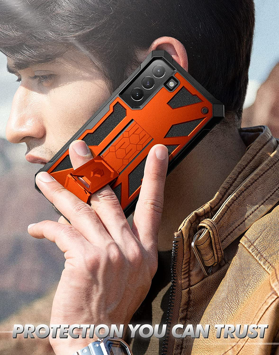 Poetic Spartan Case for Samsung Galaxy S22+ plus 5G 6.6 Inch, Built-In Screen Protector Work with Fingerprint ID, Full Body Rugged Shockproof Protective Cover Case with Kickstand, Metallic Orange  Poetic   