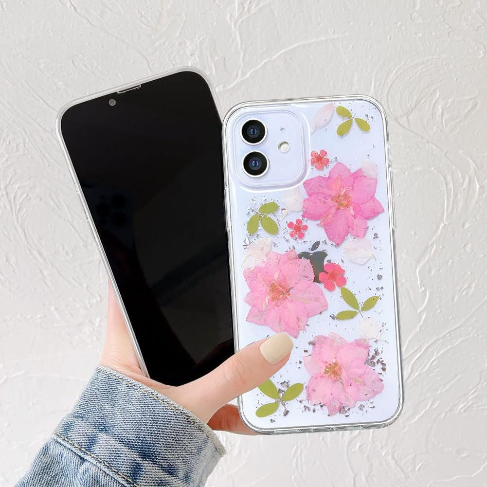 Abbery Designed for Iphone 12 Mini Case Glitter Flower Cute Bling Sparkle Clear with Design Soft Silicone TPU Real Dried Pressed Flowers Floral Aesthetic Phone Cover for Women Girls (3 Pink Flower)  Abbery   