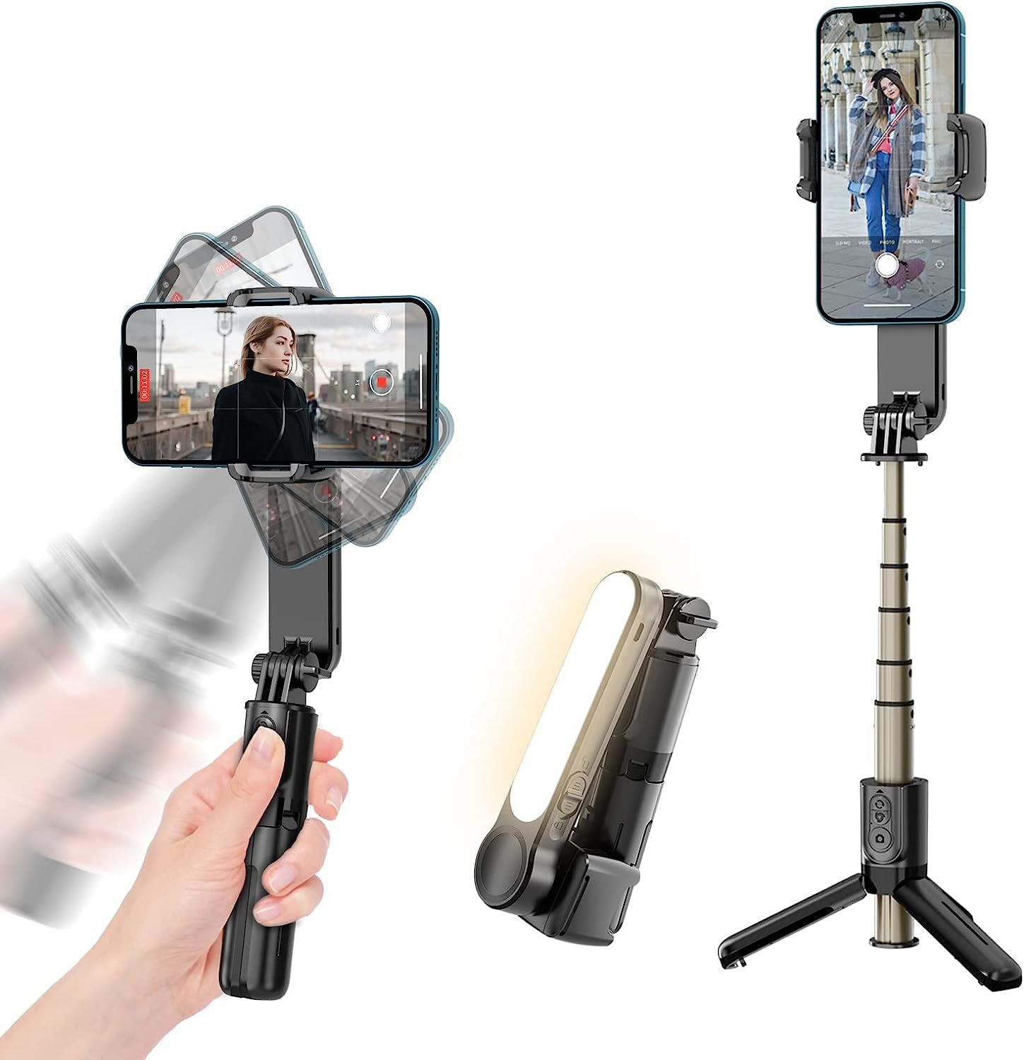 RIEIEK Mobile Phone Selfie Stick Tripod with Stabilizer, Electric Gimbal with Dual Color Temperature LED Light and Wireless Remote Control Handheld Retractable Camera Photo Stick Grip  RIEIEK   