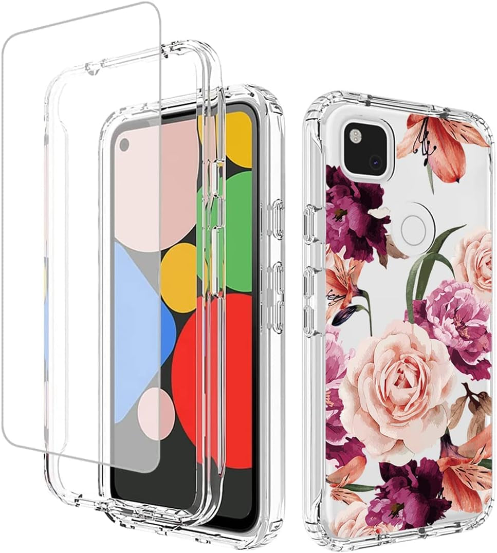 Ueokeird Case for Google Pixel 4A (Not Fit 4A 5G) G025J Case with Tempered-Glass Screen Protector, Cute Clear Floral Pattern Full Body Protective Phone Cover Cases for Google Pixel 4A (Purple Flower)  Ueokeird   