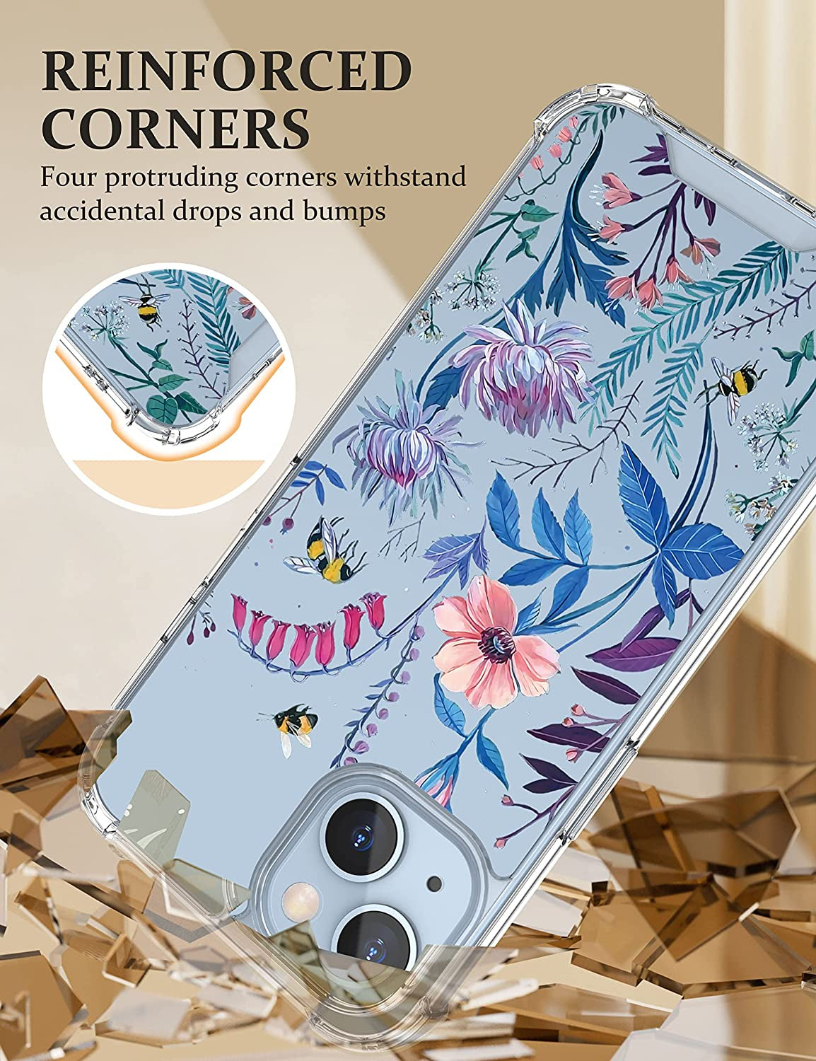 Cutebe [3 in 1 Crystal Phone Case for Iphone 13(2021)/Iphone 14(2022) 6.1", Cute Protective Cover with 9H Temper Glass Screen Protector + HD Temper Camera Lens Protector for Women, Girls  Cutebe   