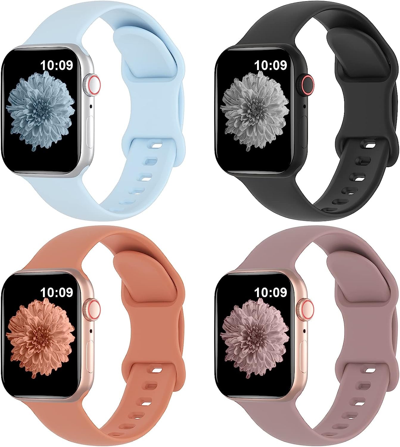 Arctime 4 Pack Silicone Bands Compatible with Apple Watch Band 38Mm 40Mm 41Mm 42Mm 44Mm 45Mm 49Mm, Soft Sport Breathable Strap Replacement Wristbands for Iwatch Ultra Series 8 SE 7 6 5 4 3 2 1  Arctime Fog Blue/Black/Brown/Smoke Violet 42/44/45/49mm 