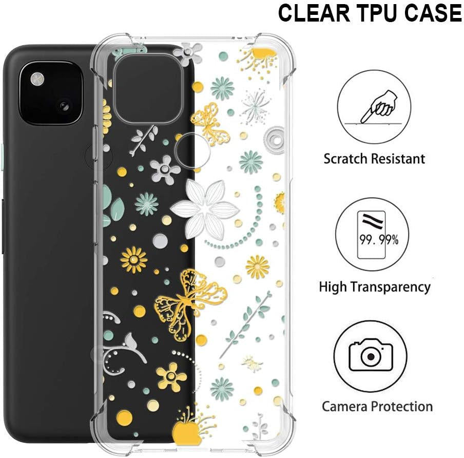TPU Case Compatible with Google Pixel 5 - Soft Crystal Clear Butterfly Flower Design Back TPU Phone Cover Case - Butterfly Flower D05  YESPURE   
