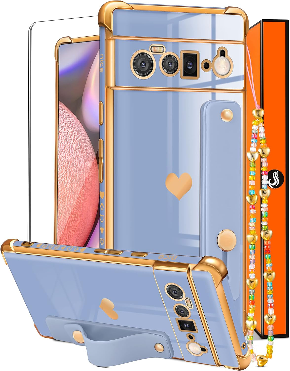 Likiyami (3In1 for Google Pixel 6 Pro Case 5G Heart for Women Girls Girly Cute Luxury Pretty with Stand Phone Cases Black and Gold Love Hearts Aesthetic Cover+Screen+Chain for Google Pixel 6 Pro 6.7"  Likiyami Only For Google Pixel 6 Pro 5G-Dark Blue  
