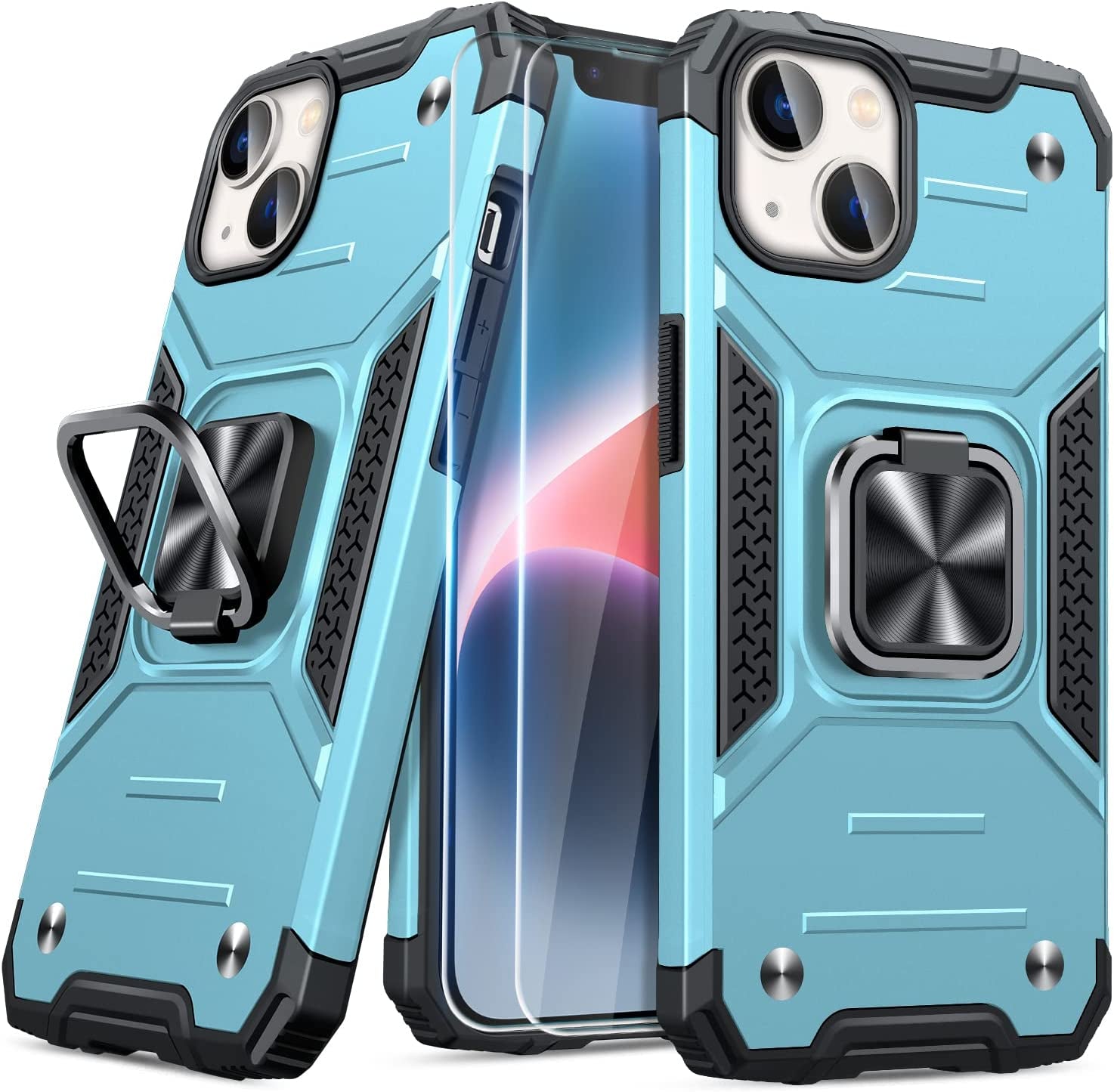 JAME for Iphone 14 Case with Screen Protector [2 PCS], Shockproof Bumper Case for Iphone 14 Case for Women & Men, Heavy-Duty Protection with Metal Ring Kickstand Case for Iphone 14, 6.1 Inch, Red  XJXIN Sierra blue  