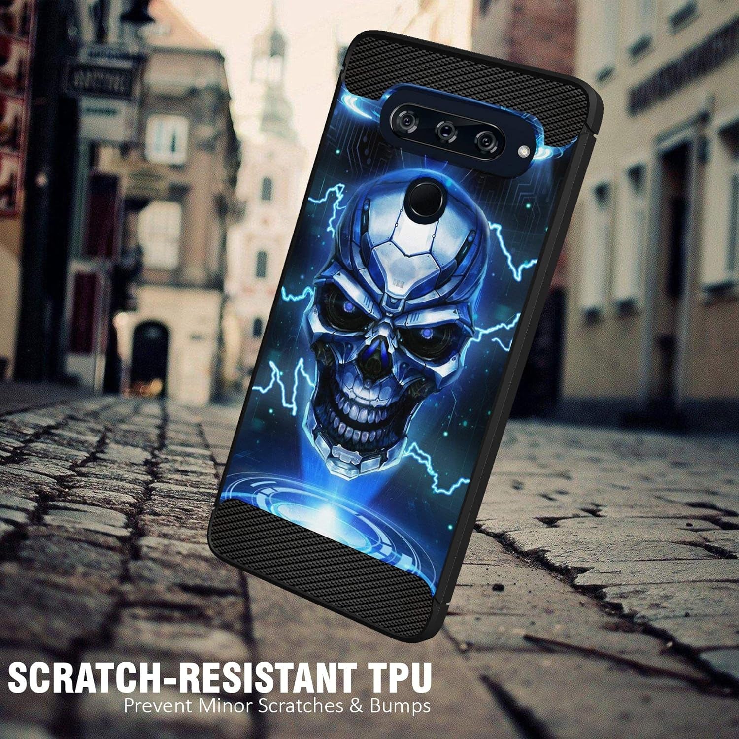 Casesondeck Case Compatible with LG V40 Thinq - Soft Fitted Flexible TPU Cover Shock Protection (Blue Future Skull)  CasesonDeck   