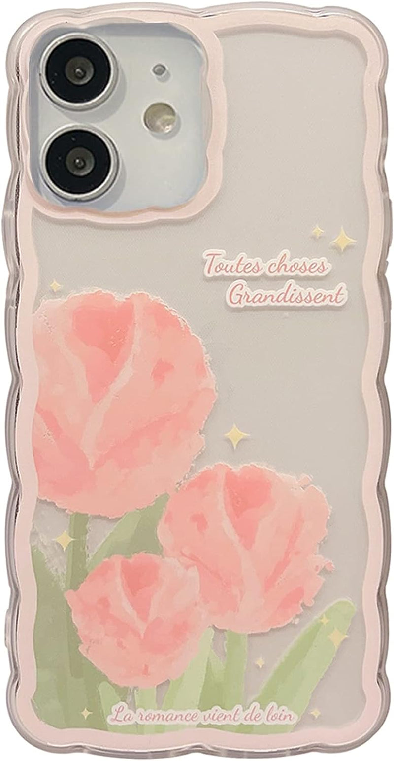 GUSDBSW Cute Iphone 14 plus Case for Women Girls, Lovely Floral Strawberry Pattern Wave Comfortable Grip Design for Girly, Slim Thin Soft Flexible TPU Clear Protective Phone Case - Blueberry Flower  GUSDBSW Pink Tulip Iphone 12 