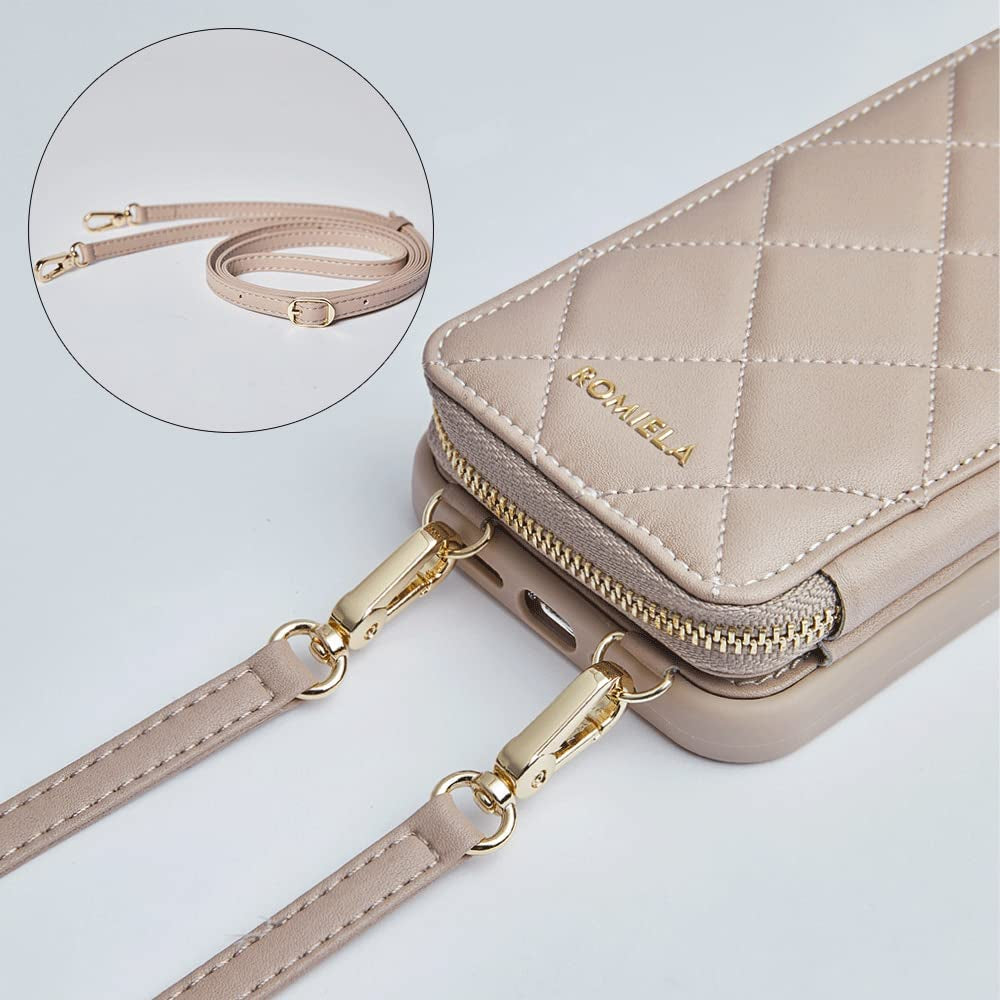 JLFCH Iphone 13 Pro Wallet Case Quilted Leather Women Flip Purse with Crossbody Strap Zipper Support Magsafe Wireless Charging RFID Blocking, ROMIELA Series Iphone 13 Pro 6.1 Inch - Apricot  JLFCH   